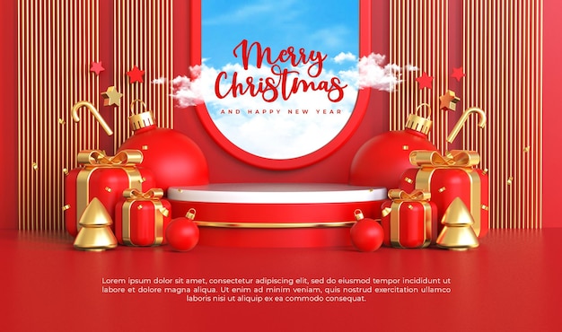 Merry christmas and happy new year with 3d empty podium product display and christmas ornaments