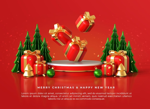 Merry christmas and happy new year with 3d gift boxes on podium and christmas ornaments