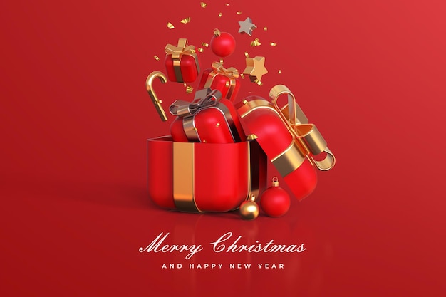 Merry christmas and happy new year with 3d open gift box and christmas ornaments
