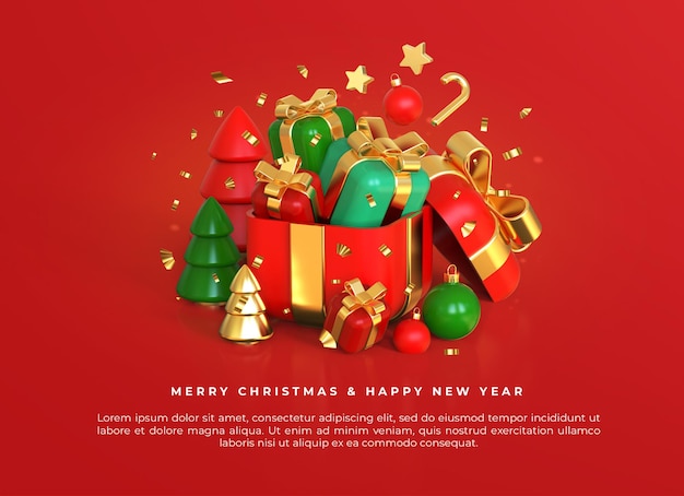 Merry christmas and happy new year with 3d open gift box and christmas ornaments