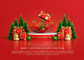 Free PSD merry christmas and happy new year with 3d open gift box on podium and christmas ornaments