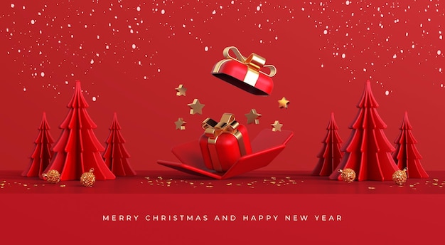 Merry christmas and happy new year with 3d open gift boxes on podium and christmas ornaments