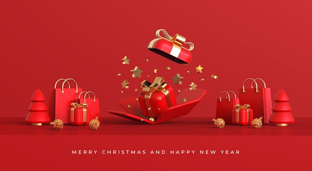 Merry christmas and happy new year with 3d open gift boxes on podium and christmas ornaments