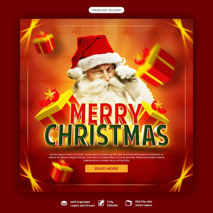 मुफ़्त PSD merry christmas and happy new year with 3d render label social media post template