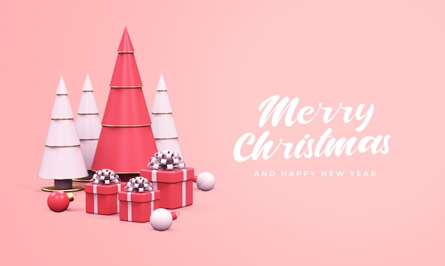 Merry christmas and happy new year with pine trees, gift boxes, and christmas balls mockup