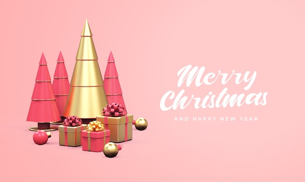Merry christmas and happy new year with pine trees, gift boxes, and christmas balls mockup