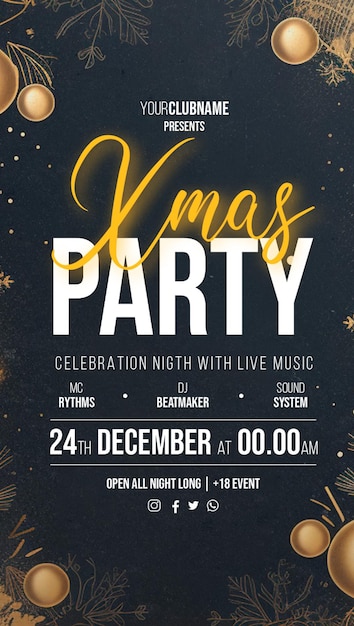 Free PSD merry christmas party poster with realistic christmas elements