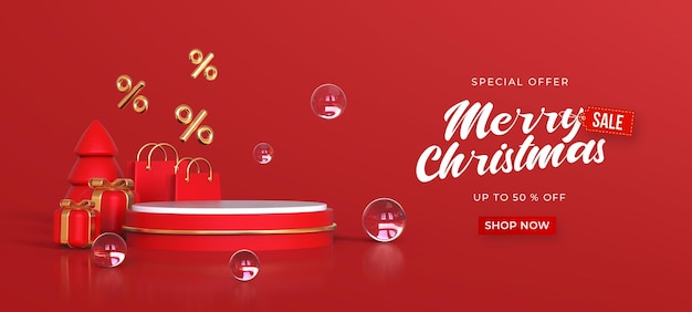 Merry christmas sale banner template with 3d christmas ornaments