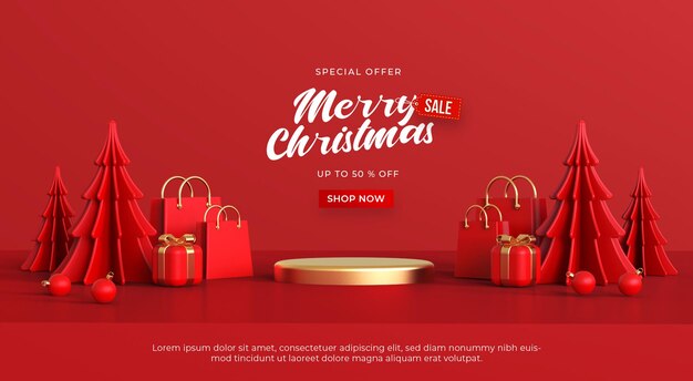 Merry christmas sale banner template with 3d christmas ornaments