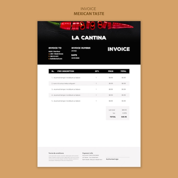 Free PSD mexican restaurant invoice template design