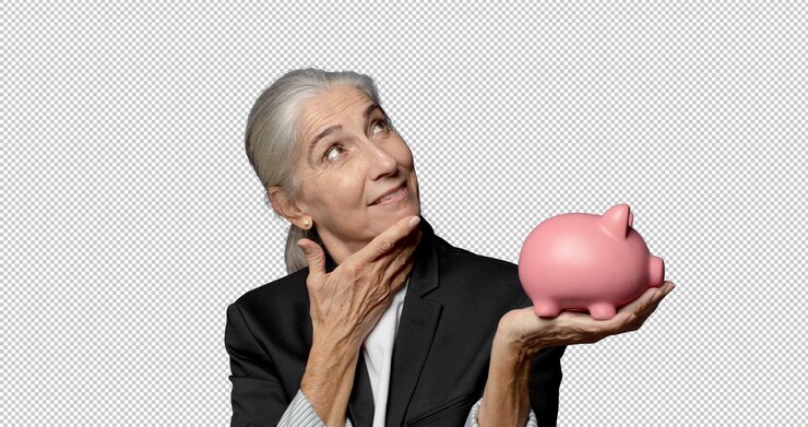 मुफ़्त PSD middle age pretty woman with a piggy bank
