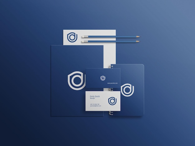 Mini stationery blue color set psd mockup