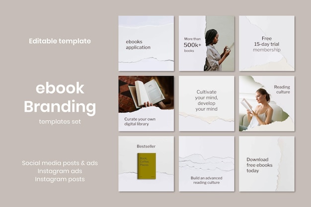 Free PSD minimal digital library template psd ripped paper craft social media ad