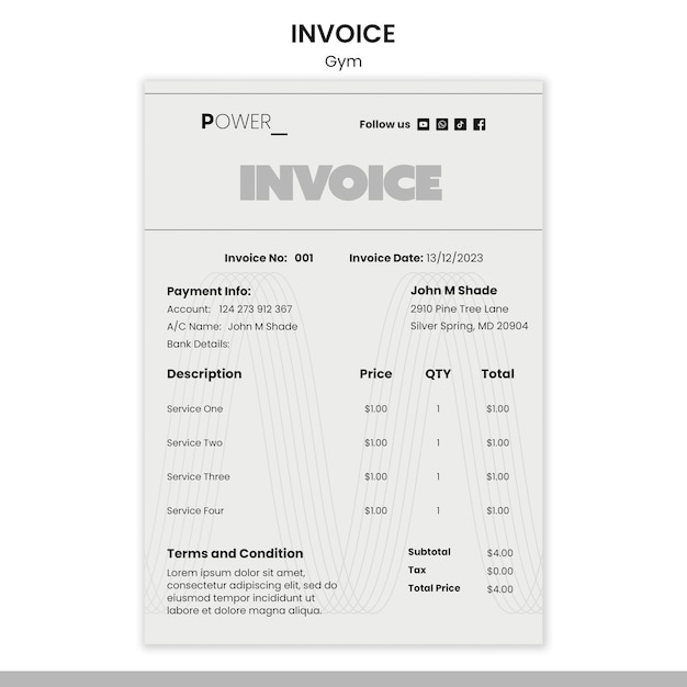 Free PSD minimal gym training  invoice template