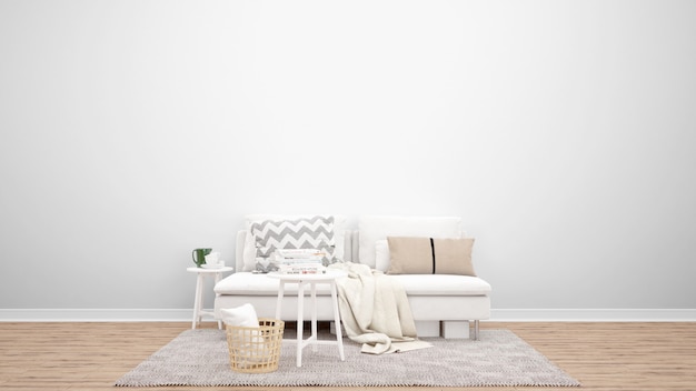 흰색 소파와 카펫, 인테리어 디자인 아이디어가있는 최소한의 거실