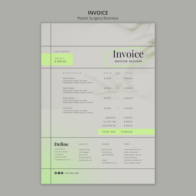 Minimal plastic surgery invoice template