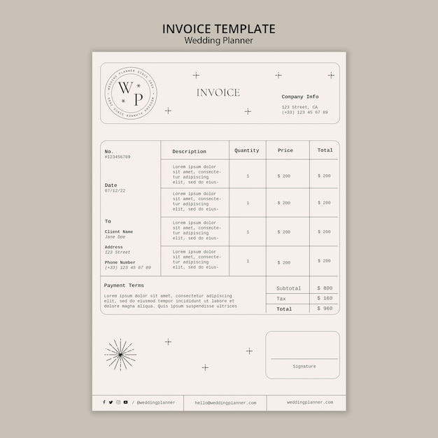 Free PSD minimal wedding planner invoice template