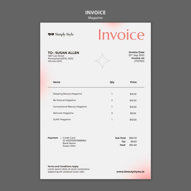 Minimalist magazine invvoice design template