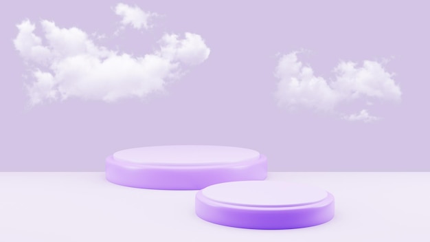 최소한의 클라우드 쇼케이스 빈 모형 템플릿 보라색 배경 3d 렌더링 그림으로 제품 프레젠테이션을 위한 미니멀한 보라색 받침대