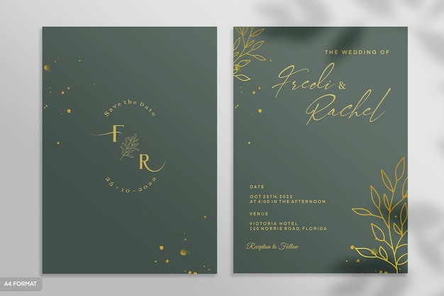 Минималистичный шаблон свадебного приглашения с золотым цветком и зеленым фоном