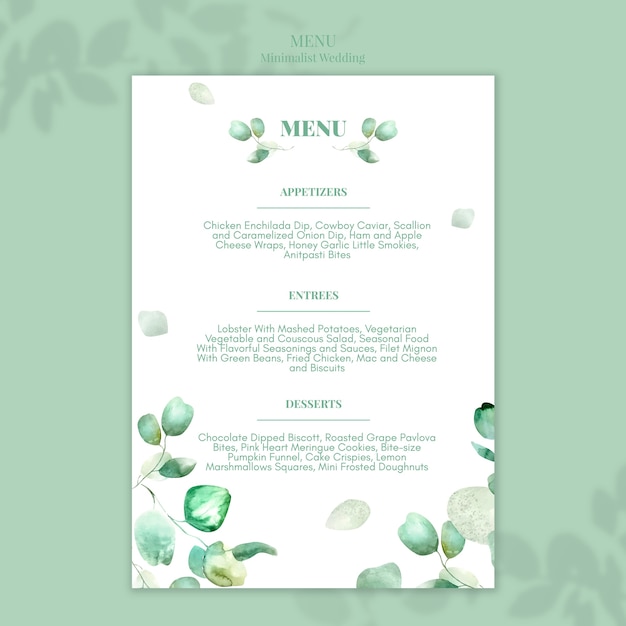 PSD gratuito design minimalista del menu di nozze