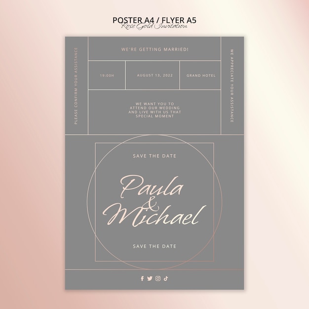 PSD gratuito design minimalista del poster dell'invito in oro rosa