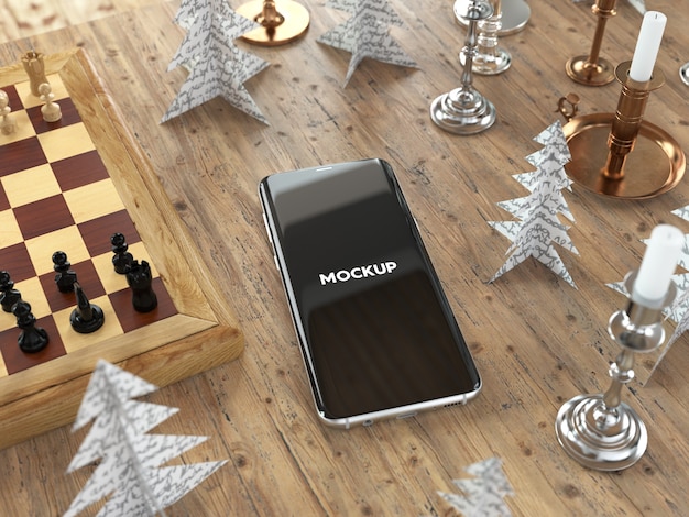 Mobile phone on table with chest mock up design