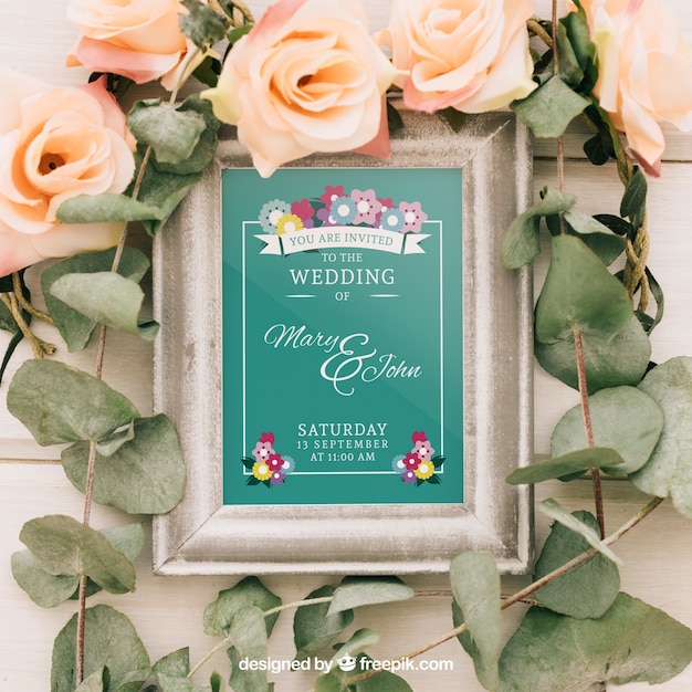 Free PSD mock up design with frame, flowers and leaves