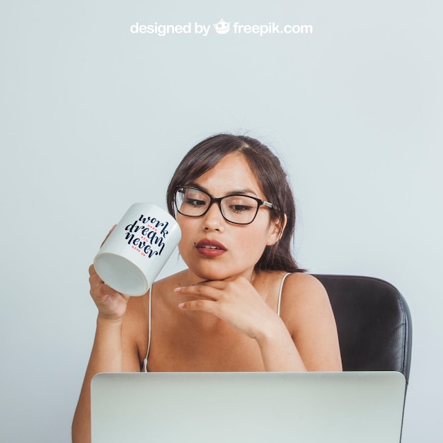 Mock up design with woman and coffee mug