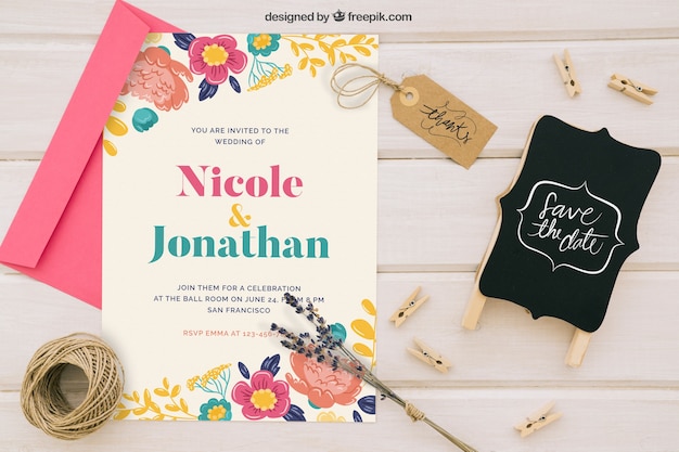 Free PSD mock up with wedding invitation badge and ornaments