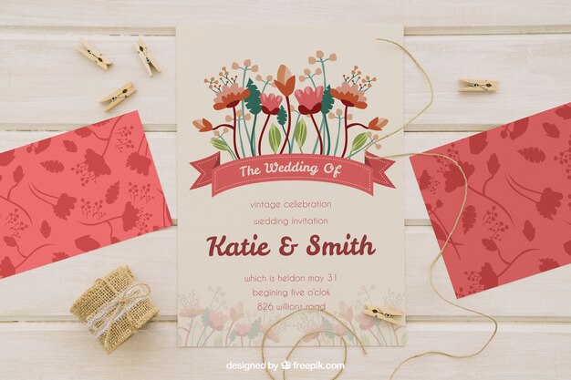 Mock up with wedding invitation, cord and clothespins