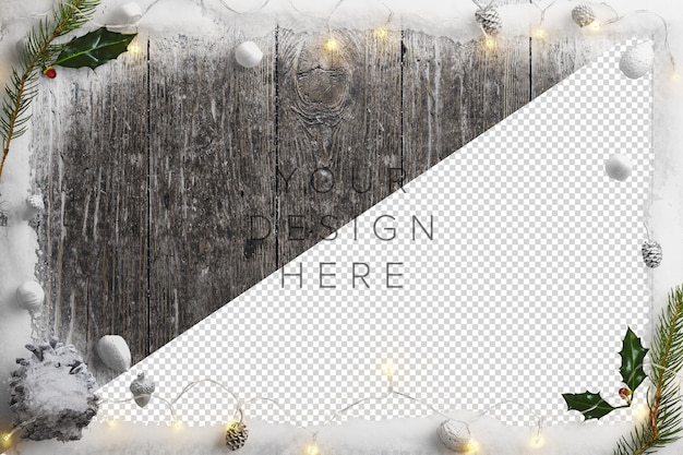 Free PSD mockup cold winter nature scene with snow, fairy lights, holly and pinecones