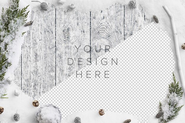 Mockup Cold Winter Nature Scene with Snow, Fir Branches, Pinecones and Acorns