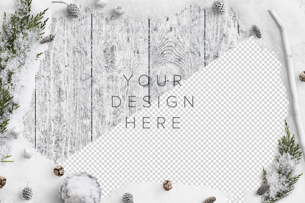 Бесплатный PSD Мокап сцены природы холодной зимы со снегом, еловыми ветками, шишками и желудями
