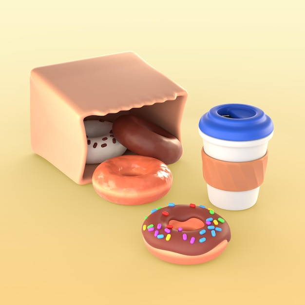 Mockup of donuts in paper bag and cup of coffee