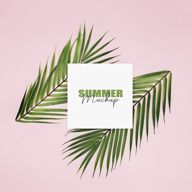 Бесплатный PSD Рамка макета с пальмовыми листьями на розовом фоне
