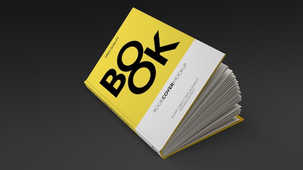 Mockup of a half-open book lying on a dark background