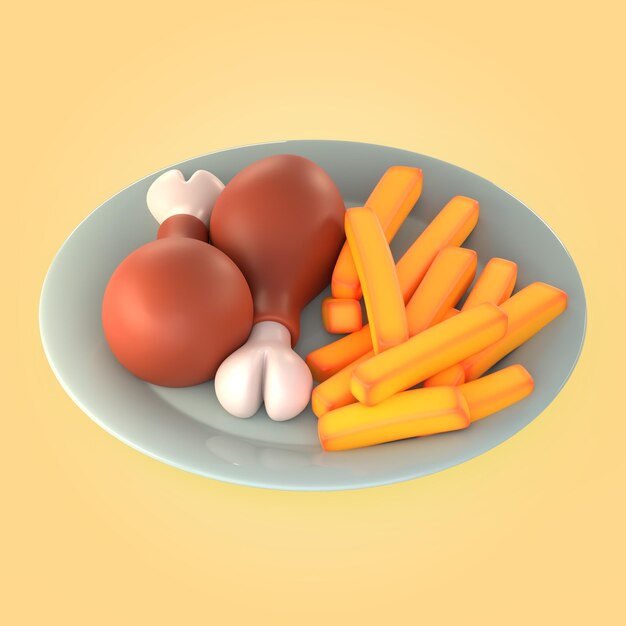 닭고기와 감자 튀김을 곁들인 식사 모형