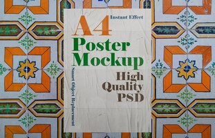 Mockup of a poster glued on a tiled background