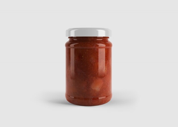 Download Premium Psd Mockup Of Red Jam Or Sauce Jar With Custom Shape Label In Clean Studio Scene