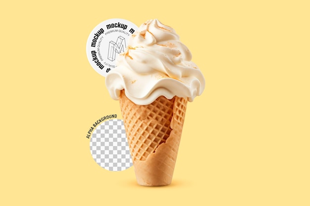 Mockup di un'etichetta rotonda su gelato alla vaniglia con sfondo trasparente