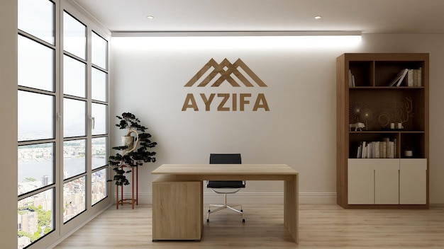 Mockup of silver 3d office logo in elegant business indoor workspace