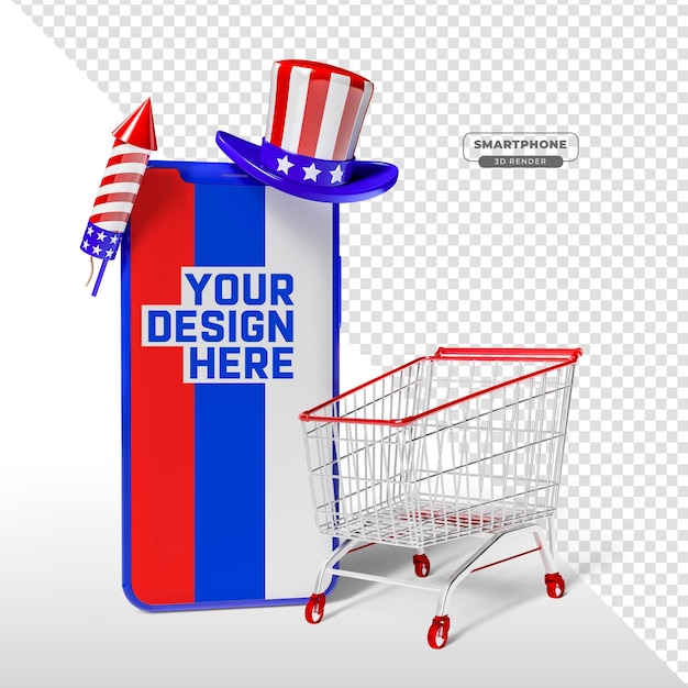 PSD gratuito smartphone mockup cappello in 3d rende il giorno dell'indipendenza americana