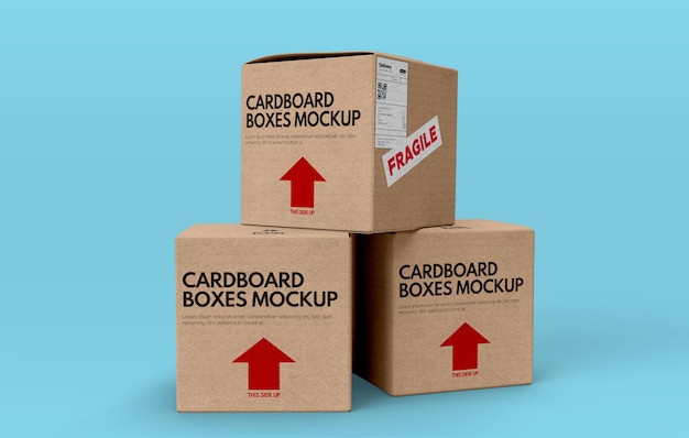Free PSD mockup of three cardboard boxes on blue background