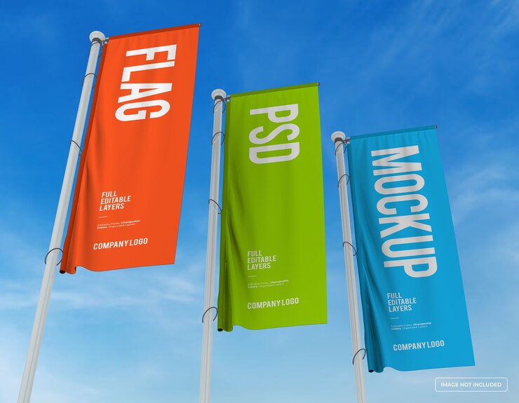  Mockup of three vertical flags design from perespective view Premium Psd