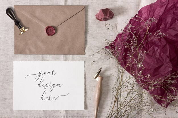 Download Premium Psd Mockup For Vintage Wedding Collection Envelope Wax Seal And A Paper Card With Torn Edges