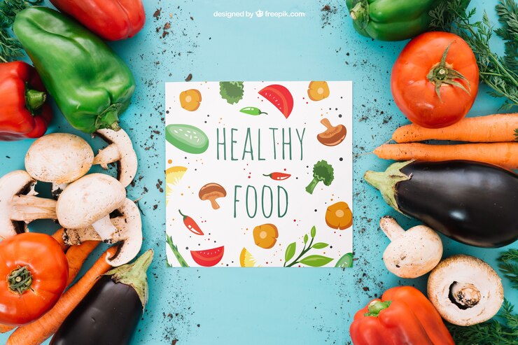 Free PSD mockup with vegetables and card