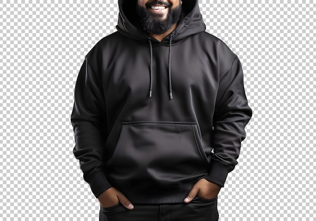 Model wearing black hoody sweatshirt isolated on background