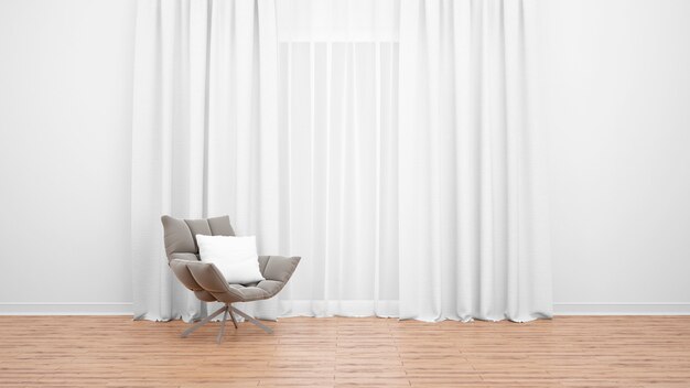 흰색 커튼으로 큰 창 옆에 현대 안락 의자. 나무 바닥. 최소한의 개념으로 빈 방