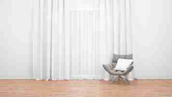 Free PSD modern armchair next to large window with white curtains. wooden floor. empty room as minimal concept